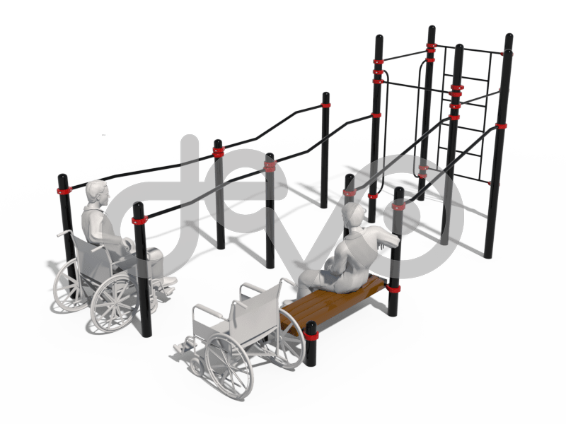3 турника, шведская стенка, скамья, изогнуто-горизонтальные и изогнутые разноуровневые брусья, брусья в подъем и вертикальные поручни